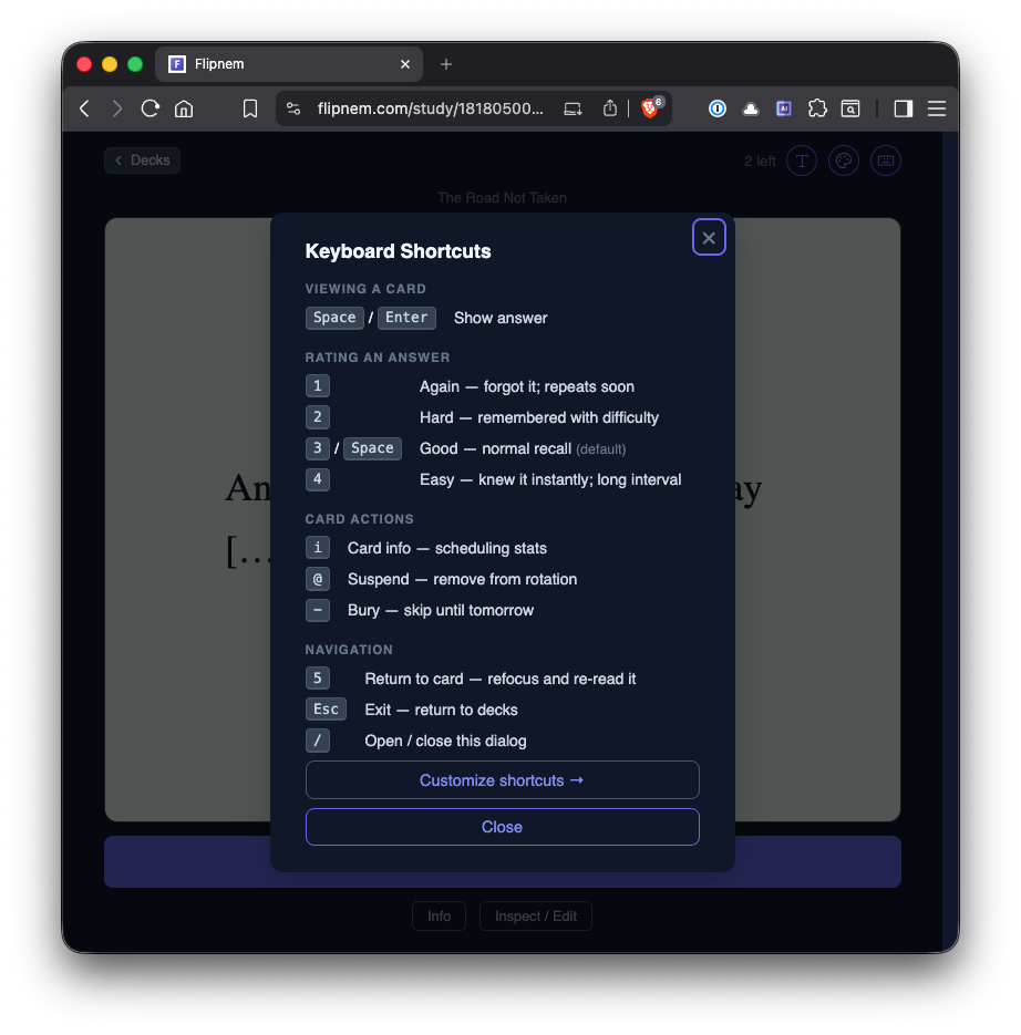 The Keyboard Shortcuts dialog listing every default key mapping, with a Customize shortcuts button to remap any of them