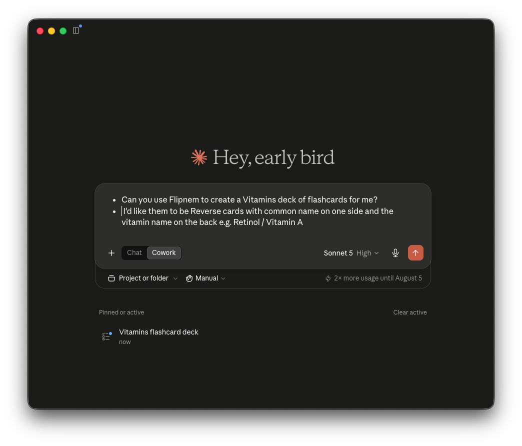 Asking an AI assistant to create a Vitamins flashcard deck for Flipnem, as reverse cards with the common name on one side and the vitamin name on the back