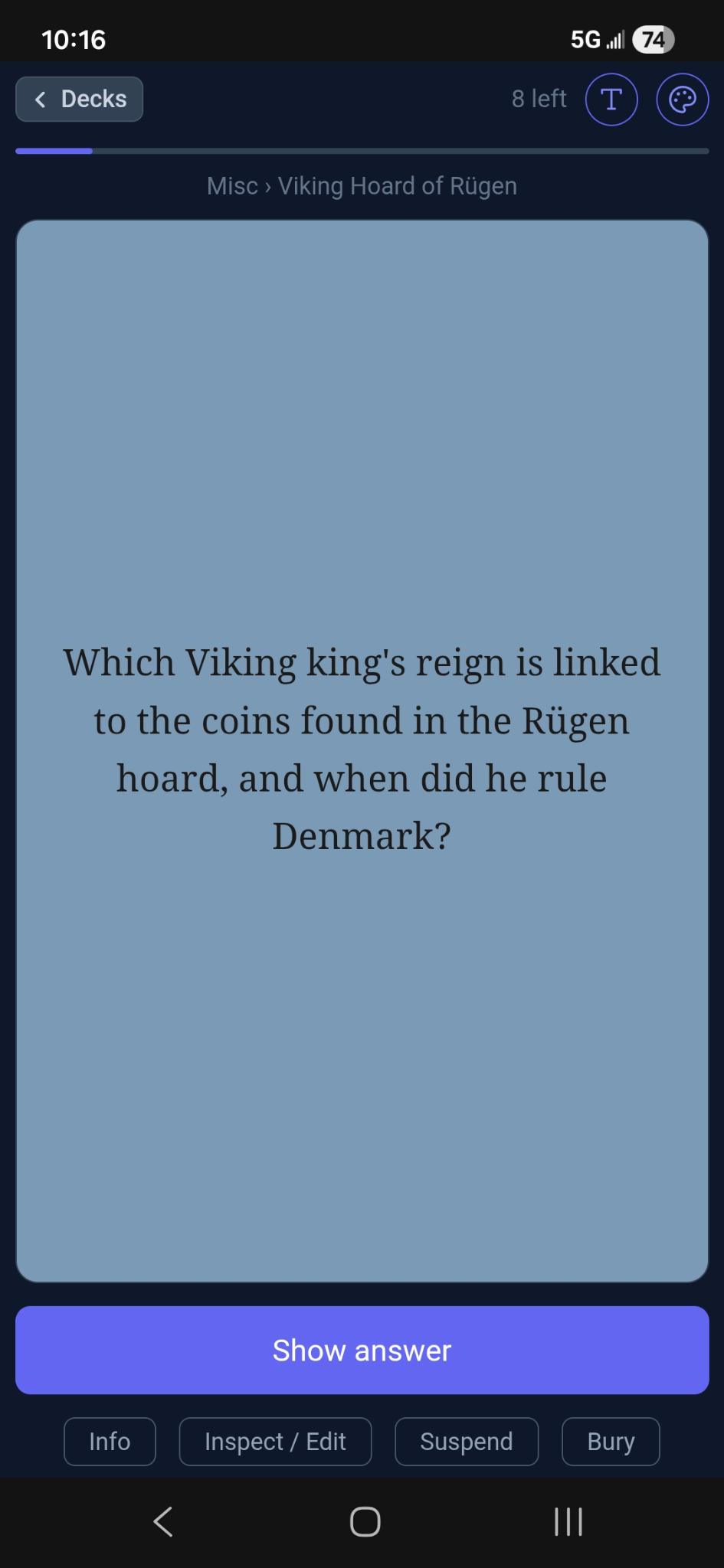 Flipnem study card asking two questions at once: which Viking king's reign is linked to the Rügen hoard, and when did he rule Denmark?