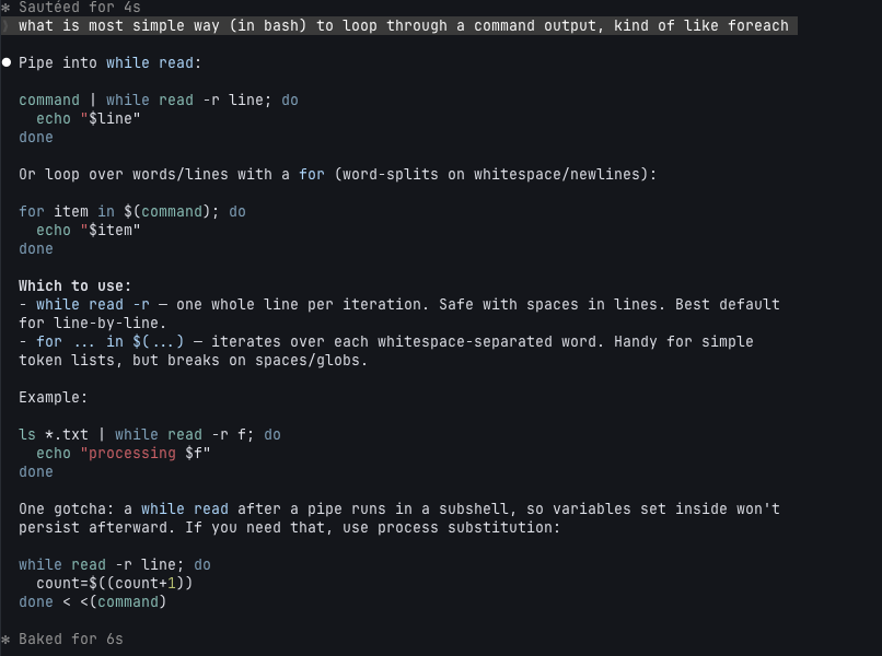 Claude explaining two Bash looping techniques: piping into a while read loop, and a for item in $(command) loop, along with a subshell/process-substitution gotcha