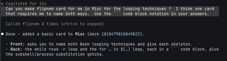 Terminal chat: user asks Claude to make a Flipnem card in the Misc deck for the looping techniques, requiring both ways to be named; Claude confirms it added the card