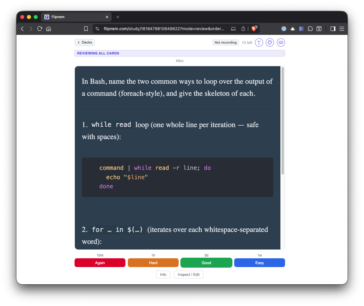 The new card showing up during a Flipnem study review, asking to name the two common ways to loop over a command's output in Bash