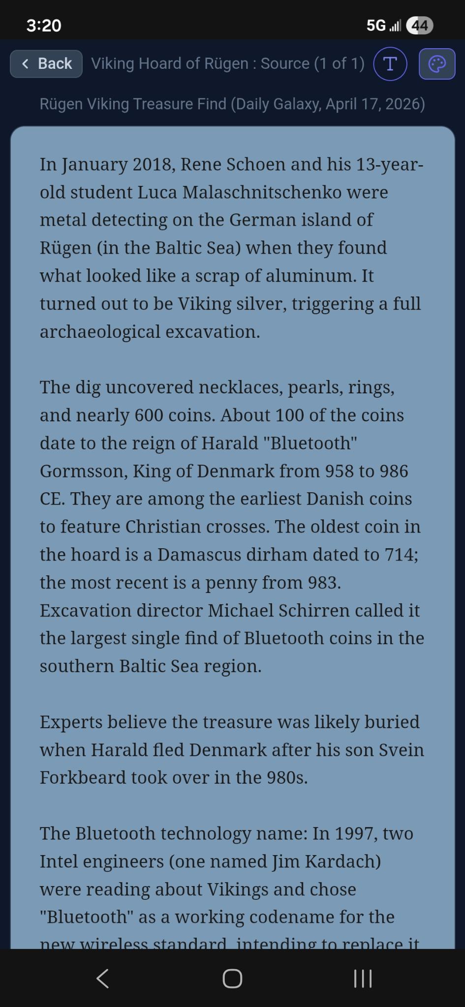 Flipnem source note for the Viking Hoard of Rügen deck, showing the article summary Claude generated