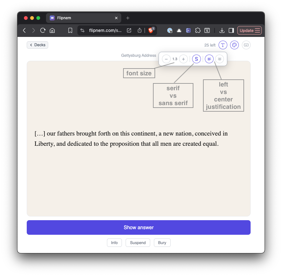 Card typography controls — font size, serif, justification