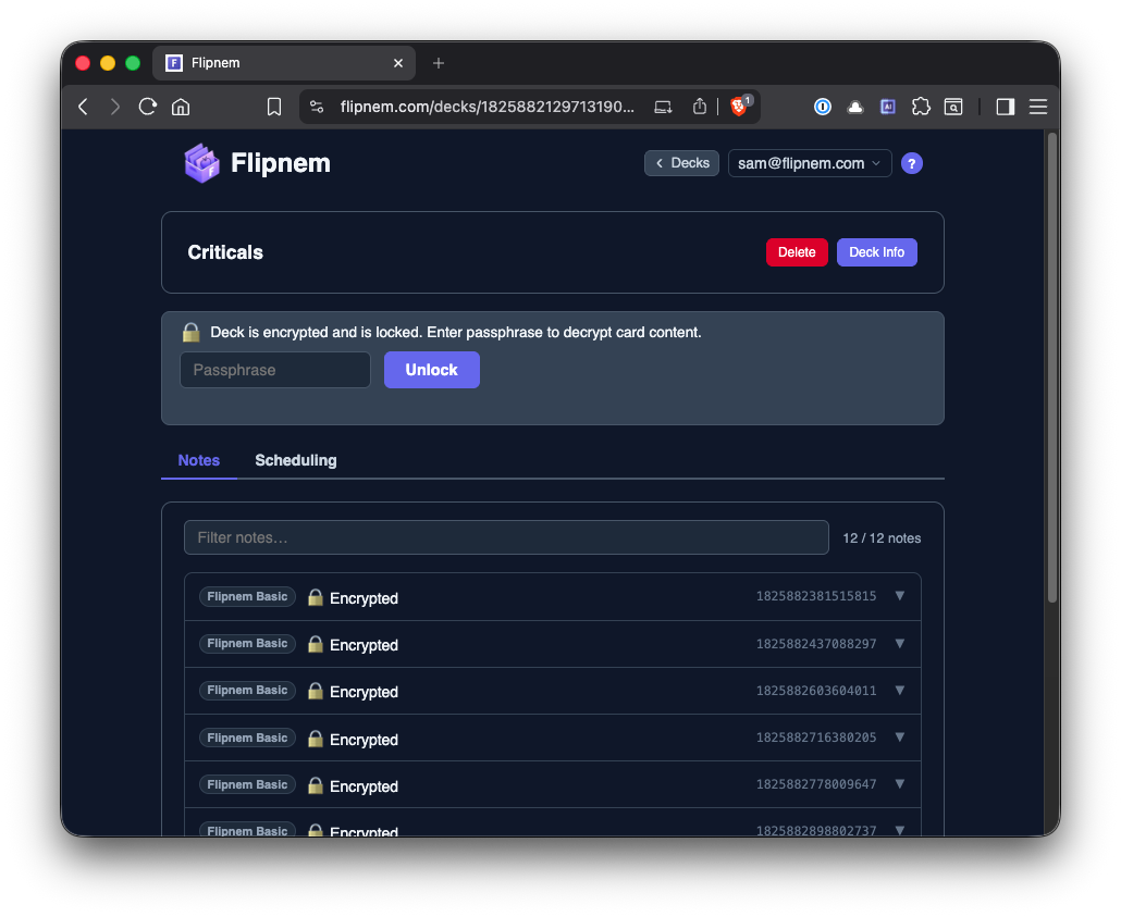 A deck's note list with every note marked Encrypted, and a passphrase prompt to decrypt card content