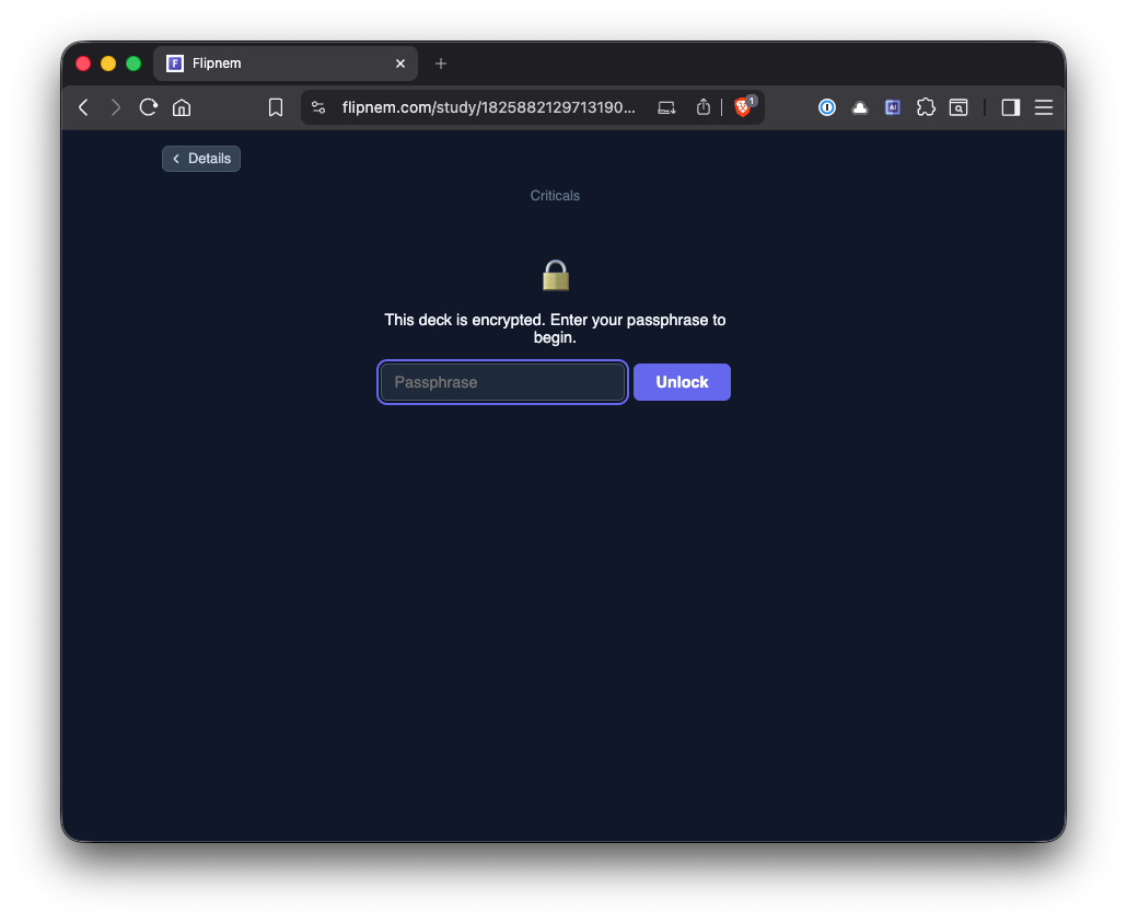 A locked study session prompting for the deck's passphrase before any cards are shown