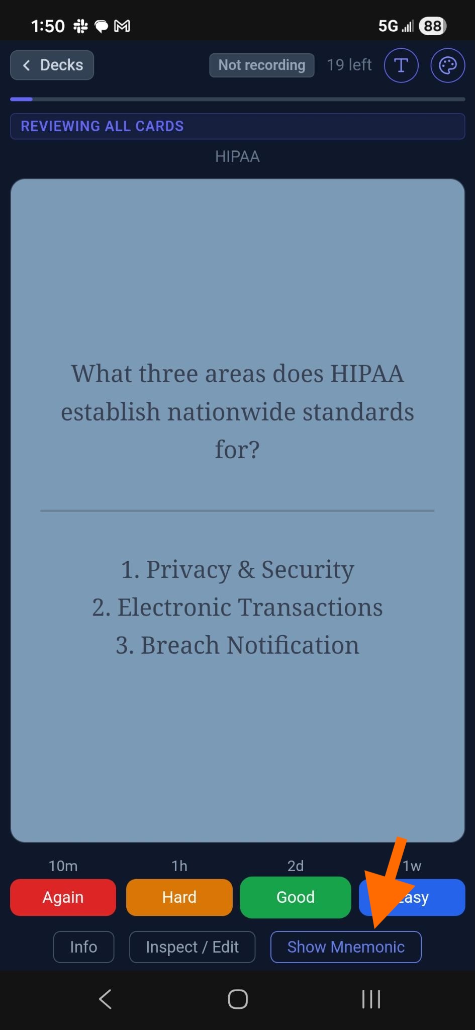 Flipnem study card showing the answer with Show Mnemonic button