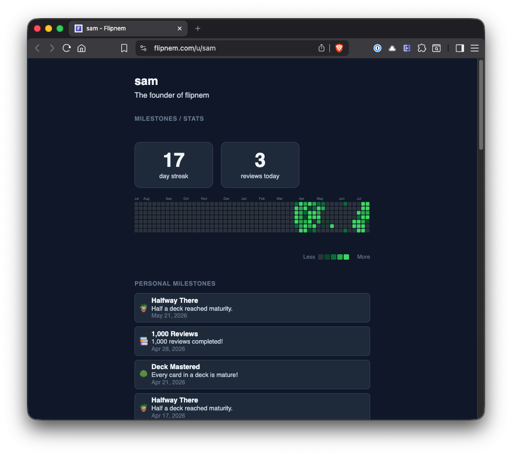 Sam's public Flipnem profile showing a 17-day streak, 3 reviews today, and an activity heatmap