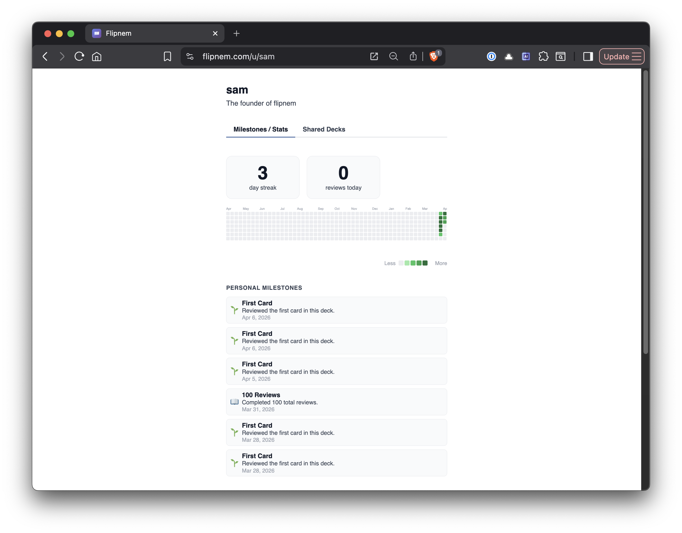 Public profile showing activity heatmap and milestones