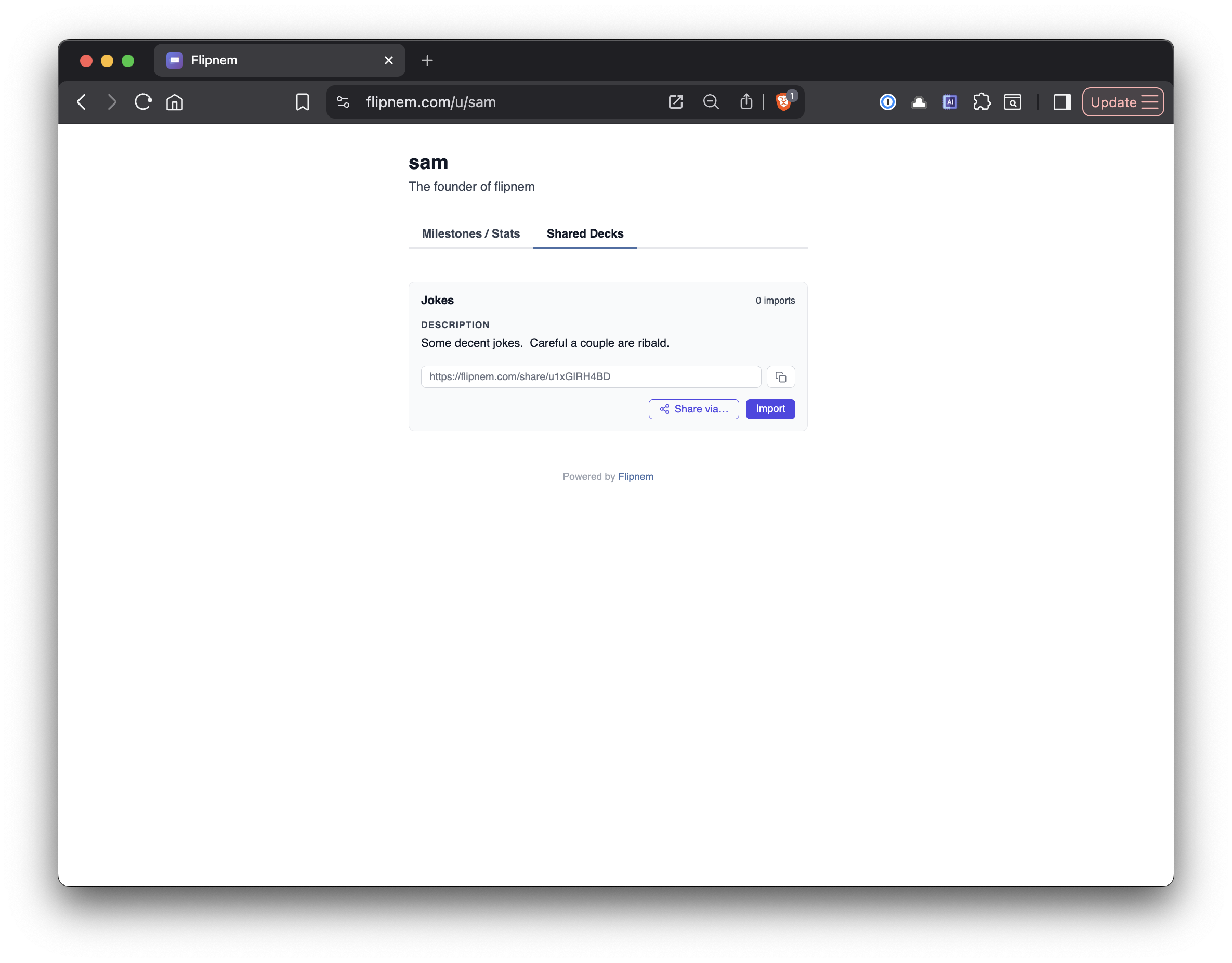 Public profile showing shared decks tab