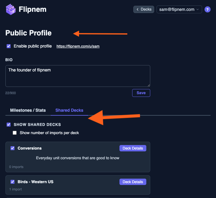 Public profile settings with the Shared Decks tab open, listing decks and a toggle to show each one on the public profile