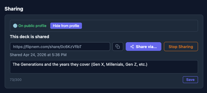 A deck's Sharing settings showing it's on the public profile, with a share link, Share via, and Stop Sharing controls